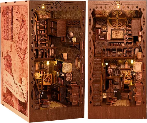 Vista 10 de Flever Kit en miniatura para rincón de libros para casa de muñecas, decoración de estantería de libros, kit en miniatura de madera 3D