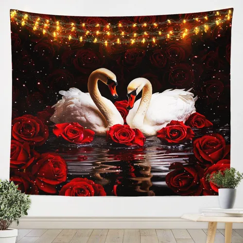Vista 7 de Tapiz femenino de flores de rosas rojas, tapiz de pared para el día de San Valentín, decoración de habitación de niñas y mujeres, cielo estrellado