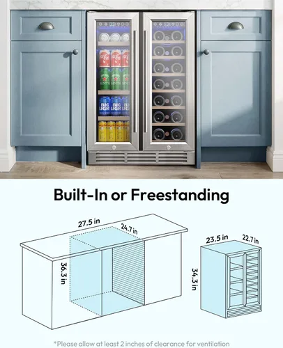 Vista 3 de EUHOMY Refrigerador de vino y bebidas, enfriador de vino de doble zona de 24 pulgadas con puerta de vidrio que contiene 21 botellas y 88 latas