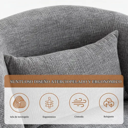 Vista 5 de Silla giratoria de 360°, moderna silla de barril de terciopelo con almohada, sofá individual tapizado para sala de estar, dormitorio, oficina. Gris