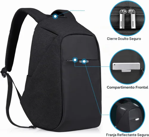 Vista 3 de Mochila de viaje antirrobo portátil, mochila para laptop con puerto de carga USB., Negro