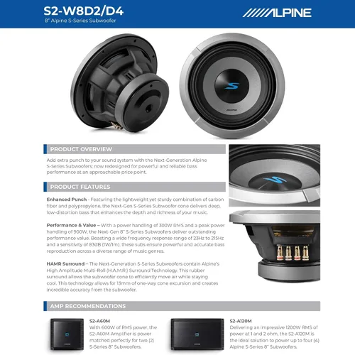 Vista 6 de Alpine S2-W8D2 - Subwoofer dual para automóvil de 2 ohmios de 8 pulgadas, 900 W máximo, 300 W RMS