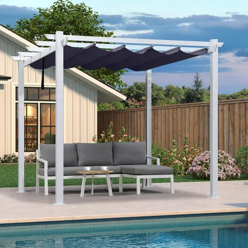 Vista 28 de PURPLE LEAF Pérgola de 10 x 12 pies con toldo retráctil, pérgola cuadrada de bronce de aluminio para patio al aire libre, junto a la piscina, beige