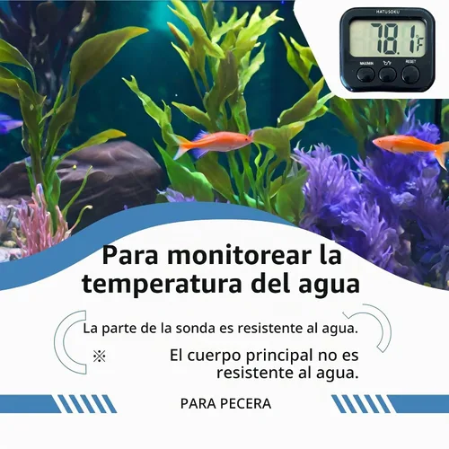 Vista 2 de Termómetro digital HATUSOKU con sensor externo, imán, ventosa, termómetro de agua, para acuario, refrigerador, congelador (negro)