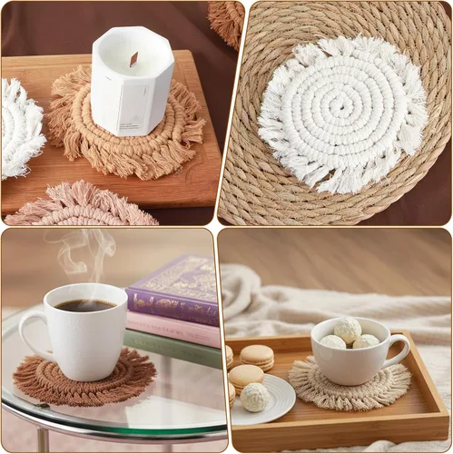 Vista 3 de 4 posavasos de macramé bohemios, hechos a mano con bordes de borlas, para café, hogar, cocina, oficina, decoración de mesa