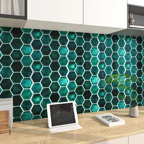 Vista 6 de FunStick Adhesivos para azulejos de pared en muro de cocina de 12 x 12 pulgadas, azulejos de pared hexagonales 3D autoadhesivos de color verde Verde