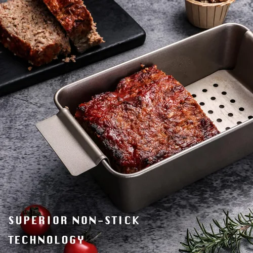 Vista 7 de HONGBAKE Sartén para pastel de carne con bandeja de drenaje, moldes para pan de 9 x 5 con inserto, pan de carne antiadherente para hornear, reduce