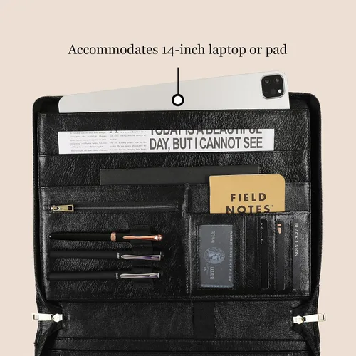 Vista 3 de Cartera de cuero genuino, organizador de padfolio de 11 x 14 pulgadas con cremallera, cartera profesional de negocios para hombres y mujeres