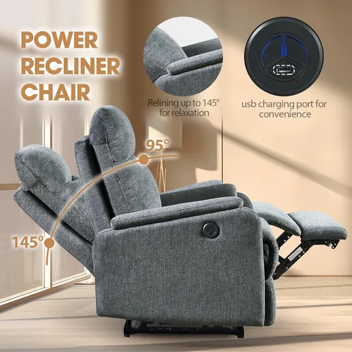Vista 5 de cinkehome Pequeño sillón reclinable de energía eléctrica, silla reclinable de tela transpirable, puertos USB, asiento de cine en casa eléctrico