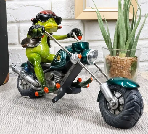 Vista 7 de Ebros 8.5 pulgadas de largo nacido para montar rana motero con pañuelo rojo fumar cigarro montado en picador metálico estatua de motocicleta