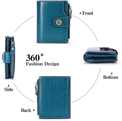 Vista 4 de FALAN MULE - Cartera pequeña plegable para mujer de cuero genuino, compacta, con bloqueo RFID, Azul Patchwork), 5206
