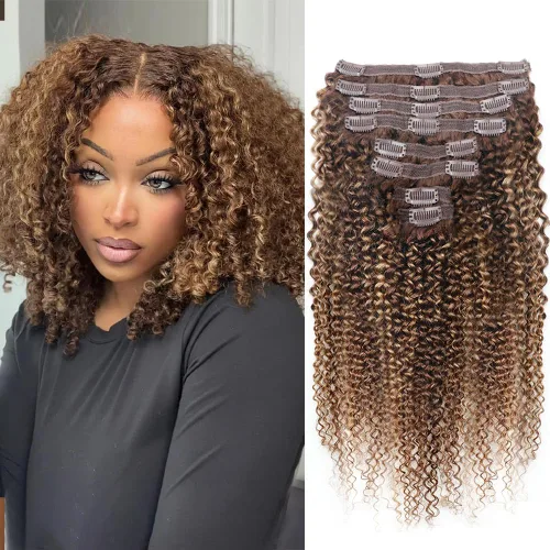 Vista 17 de Extensiones de cabello humano real rizado con clip, balayage, color marrón chocolate a rubio caramelo, 8 piezas con 18 clips, 4.23 oz/juego