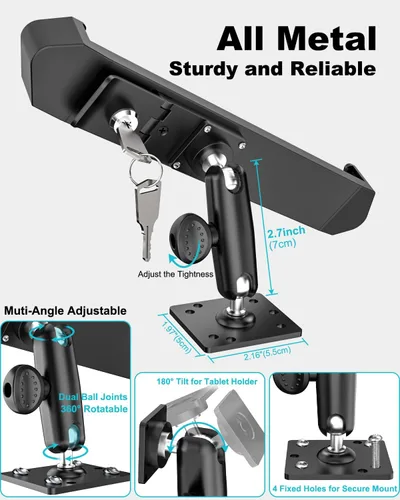 Vista 6 de Soporte de seguridad para tableta de automóvil, soporte industrial resistente para tableta con cerradura y llave, soporte antirrobo giratorio