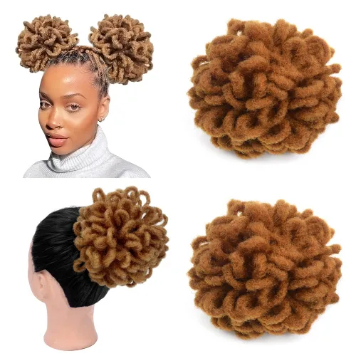 Vista 24 de Moños de Cola de Caballo con Cordón Negro Marrón Loc para Mujeres Negras Moño Rizado de Pétalo Loc Cola de Caballo de Rastas Trenzas Faux Locs Moño