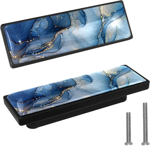 Vista 14 de LORVIES Paquete de 4 pomos decorativos de mármol de 3.6 pulgadas para gabinete, vidrio ABS largo rectangular negro, manijas de puerta de cajón