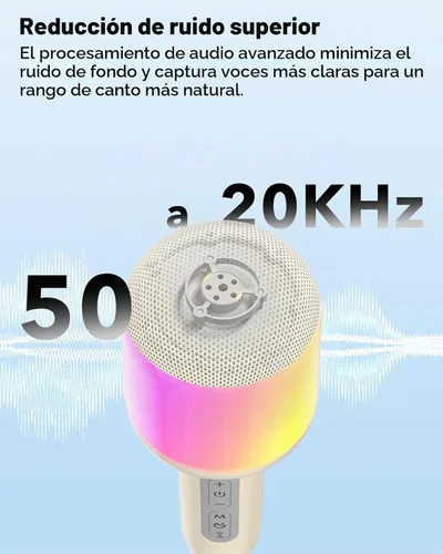 Vista 3 de Micrófono de karaoke inalámbrico Bluetooth con luces dinámicas, micrófono de mano portátil, 6 efectos de sonido, batería de 10 horas, perfecto