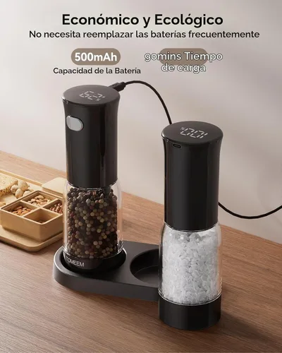 Vista 3 de TOMEEM Juego de molinillo eléctrico de sal y pimienta, recargable con indicador de alimentación LED, molienda ajustable de 5 niveles, luz LED