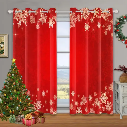Vista 15 de Renaiss Cortinas opacas de Navidad con tablones de madera rústica para dormitorio, con ojales, estampado de copos de nieve navideños, cortinas