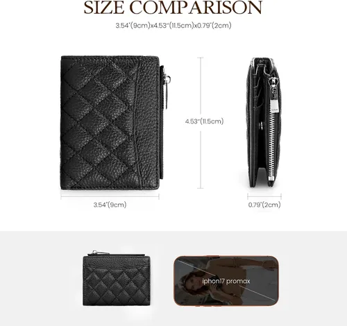 Vista 6 de befen Cartera delgada de cuero auténtico con RFID, billetera de dos pliegues para mujer con bolsillo con cremallera y llavero, Negro, Talla única