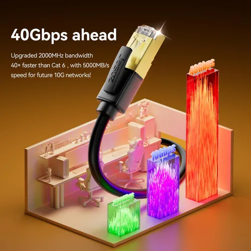 Vista 9 de Cable Ethernet Cat 8 de 3 pies, cable de red trenzado de nailon de alta velocidad de 40 Gbps 2000 MHz, cable LAN RJ45 sólido blindado resistente