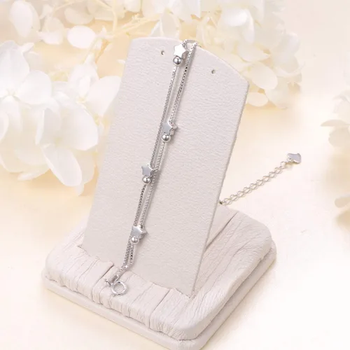 Vista 4 de Pulsera de plata de ley S925 con cuentas de corazón y estrellas de doble cadena, ajustable, regalo para mujeres y niñas, de 7 + 2 pulgadas