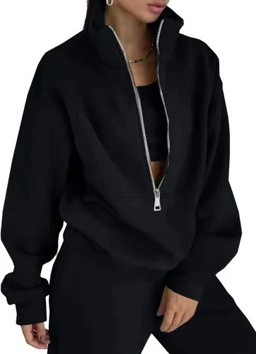 Vista 12 de PEHMEA Conjunto deportivo de 2 piezas de otoño para mujer, con forro polar, holgado, manga larga, media cremallera, cómodo conjunto de descanso