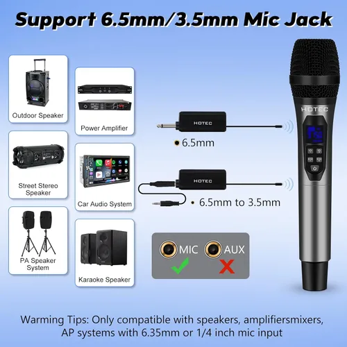 Vista 6 de HOTEC Micrófonos inalámbricos Dual UHF Sistema de micrófono de mano con control de eco/volumen, receptor recargable para karaoke, iglesia, boda