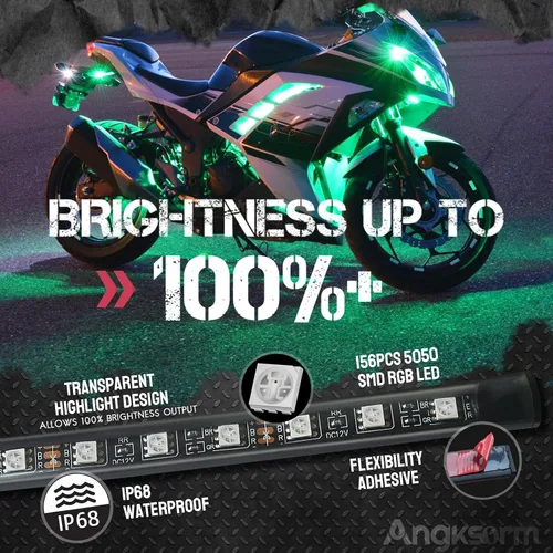 Vista 5 de Kit de 8 tiras de luces LED underglow para motocicleta, impermeables, luces de neón RGB de acento, efecto suelo, tiras de luz atmosférica DC 12V