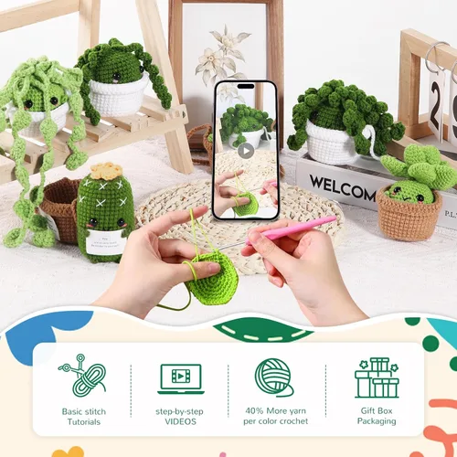 Vista 4 de Imcrasy - Kit de ganchillo para principiantes con lecciones de video paso a paso 6 plantas en macetas y kit de ganchillo de la familia de plantas