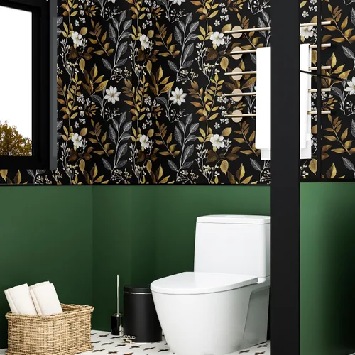 Vista 4 de Papel pintado floral dorado negro para pelar y pegar, papel pintado de hojas boho, papel de contacto botánico para gabinetes, vinilo autoadhesivo