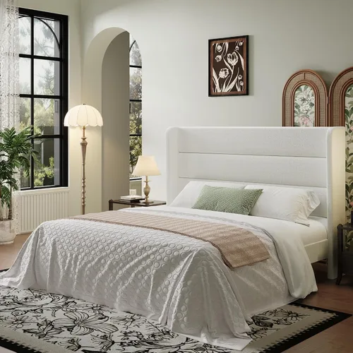 Vista 15 de SHA CERLIN - Base de cama tamaño Full con cabecera tapizada en terciopelo y diseño acanalado vertical; plataforma de cama tapizada con listones