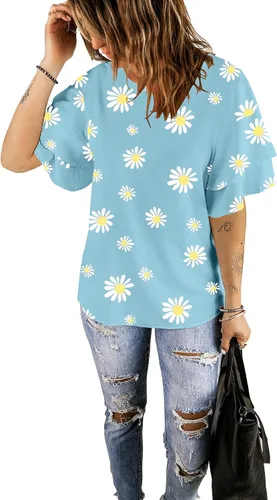 Vista 6 de luvamia Blusa casual de manga acampanada de 34 con cuello redondo para mujer
