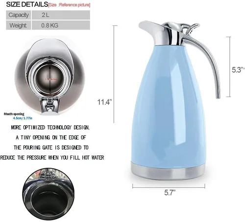 Vista 2 de Sumerflos Jarra térmica de café de acero inoxidable de 68 onzas/termo de doble pared con aislamiento al vacío, retención de calor de 12 horas, 2 Azul