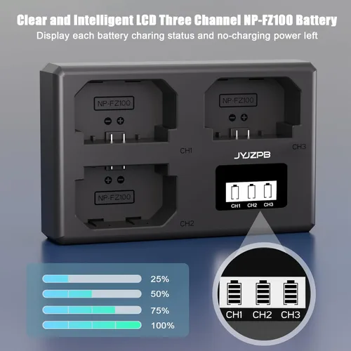 Vista 4 de JYJZPB Paquete de 3 baterías NP-FZ100 y cargador de batería triple Capacidad de 2280 mAh cada paquete, para cámaras Sony A7III A7IV A7R III A9