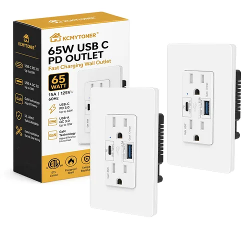 Vista 28 de Toma GFCI negra de 15 amperios con puertos USB C y USB-A, 1 unidad de 24 W de autotprueba GFCI USB Combo con indicador LED, resistente a