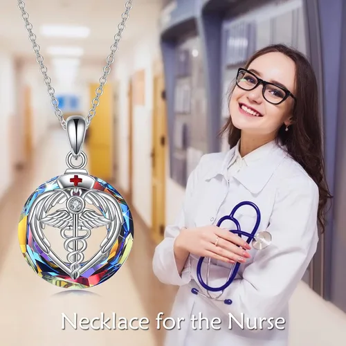 Vista 5 de YFN Collar con colgante de plata de ley con temática de ángel caduceo de 17.7in (collar de enfermera) (collar de enfermera)