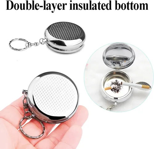 Vista 4 de Cenicero de bolsillo portátil, llavero circular de metal con apagador, soporte personalizado para cenicero para uso cómodo al aire libre