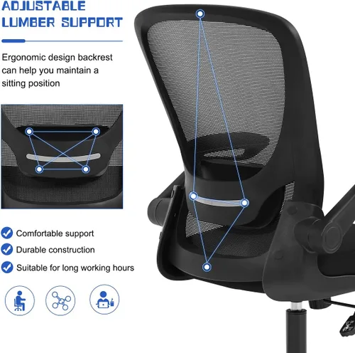 Vista 6 de Silla de oficina en casa, silla de escritorio ergonómica con soporte lumbar ajustable y reposabrazos abatibles, silla de computadora de malla