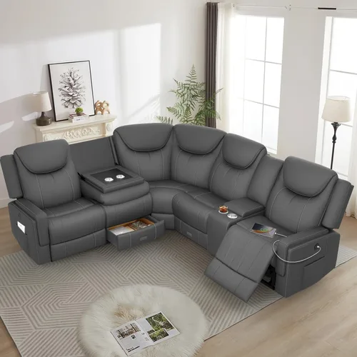 Vista 8 de Dresegmt Sofá reclinable, 2 vías multifunción manual de 3 plazas con portavasos, almacenamiento y puertos USB, moderno sofá multifuncional, sofá