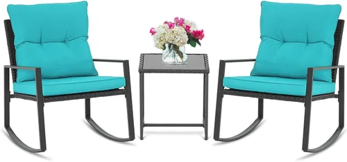 Vista 7 de SUNCROWN Juego de muebles de patio para exteriores, 3 piezas, mecedora de mimbre para todo tipo de clima, juegos de conversación con mesa de centro