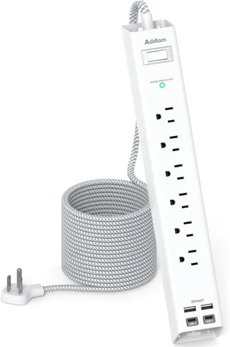 Vista 8 de Regleta protectora contra sobretensiones con USB C, cable de extensión de enchufe plano con 6 salidas de CA, 4 USB (2 USB C), montaje en pared, 5