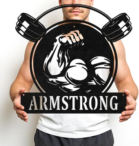 Vista 9 de Cartel de metal personalizado para gimnasio con nombre, arte de pared para sala de entrenamiento en casa, garaje, espacio de fitness, decoración