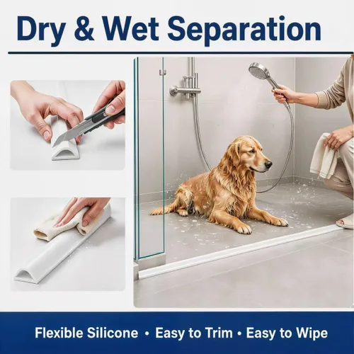 Vista 3 de Protector de agua de ducha, 67 pulgadas de silicona para umbral de ducha, barrera flexible autoadhesiva para ducha