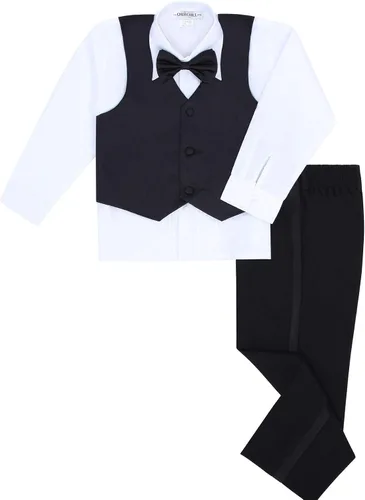 Vista 2 de Conjunto de esmoquin de 5 piezas para niños, incluye chaqueta formal, pantalones, camisa, chaleco y pajarita, color negro, Negro