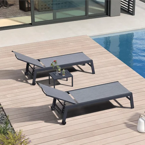 Vista 18 de PURPLE LEAF Juego de 2 tumbonas de aluminio para patio al aire libre con ruedas y mesa auxiliar, tumbona de piscina para jardín al aire libre, junto