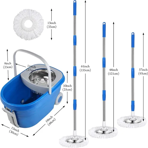 Vista 3 de Juego de trapeador y cubo con escurridor de 25 cuartos de galón, acero inoxidable Deluxe 360 Spinning Mop Bucket Sistema de limpieza del suelo con 3