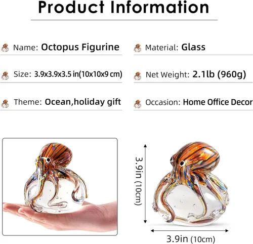 Vista 2 de EUSTUMA Adorno de figura de pulpo de vidrio soplado a mano, adorno de animales marinos para acuario de pecera, colección de animales marinos