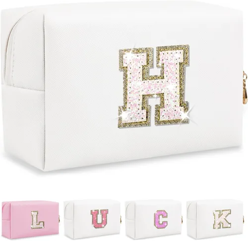 Vista 24 de Bolsa de maquillaje con parche de letra inicial personalizada, bolsa de cosméticos de chenilla preppy con letra de chenilla con cremallera, Y
