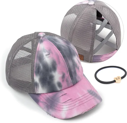 Vista 53 de C.C Gorra de béisbol de malla con diseño de estrella brillante, gorra de camionero ajustable para moño o cola de caballo Una banda elástica-negro