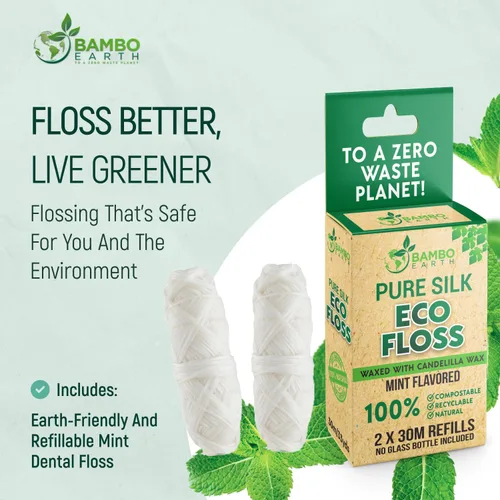 Vista 2 de Hilo dental de encaje dental de menta biodegradable, 2 hilos dentales recargables, carrete de seda de dientes 100% orgánicos, naturales